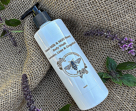 Goodwood Produce's MGO honey & Camel milk bodywash displayed on hession