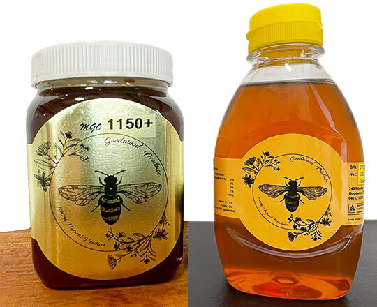 Goodwood Produce's MGO honey next to their raw honey