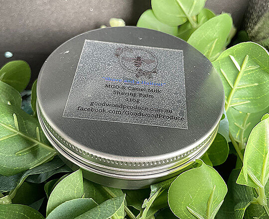 A tin of MGO honey & Camel milk shaving balm