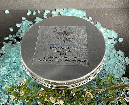 A tin of MGO honey & Camel milk shaving balm