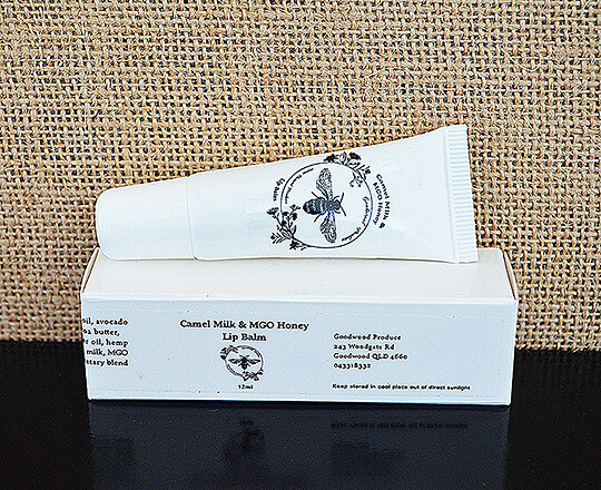 MGO Honey & Camel milk Lip balm with a hessian back drop