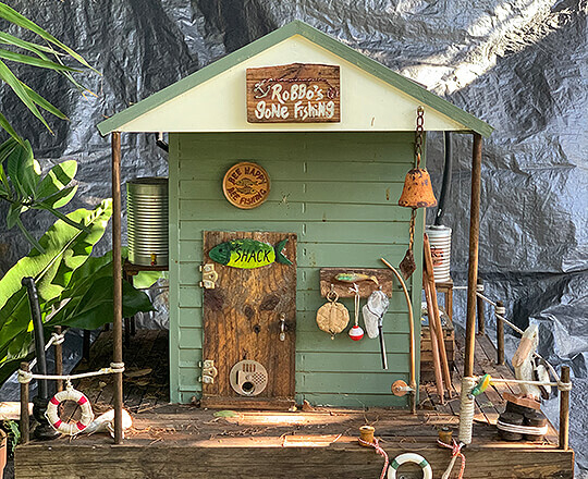 The old fishing shack themed bee hive made by Goodwood Produce